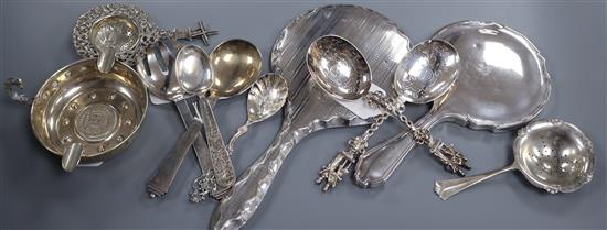 A Georg Jensen sterling silver Pyramid pattern serving spoon, a similar fork (marked for Jens Sigsgaard) and sundry items